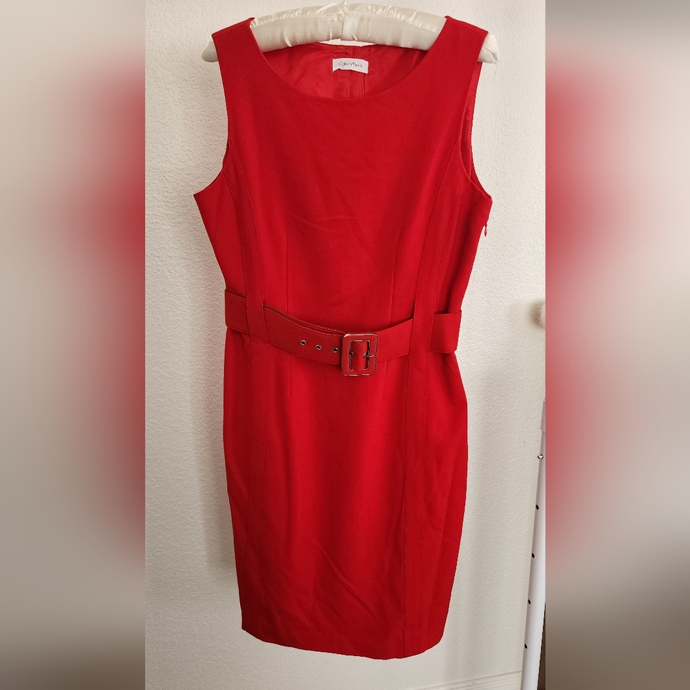 Calvin Klein Red Midi Dress with Belt size Ten EUC